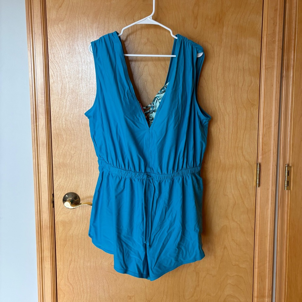 Swim‎ by Cacique Swim Romper Womens 18 Blue Flamingo Tropical V-Neck One-Piece